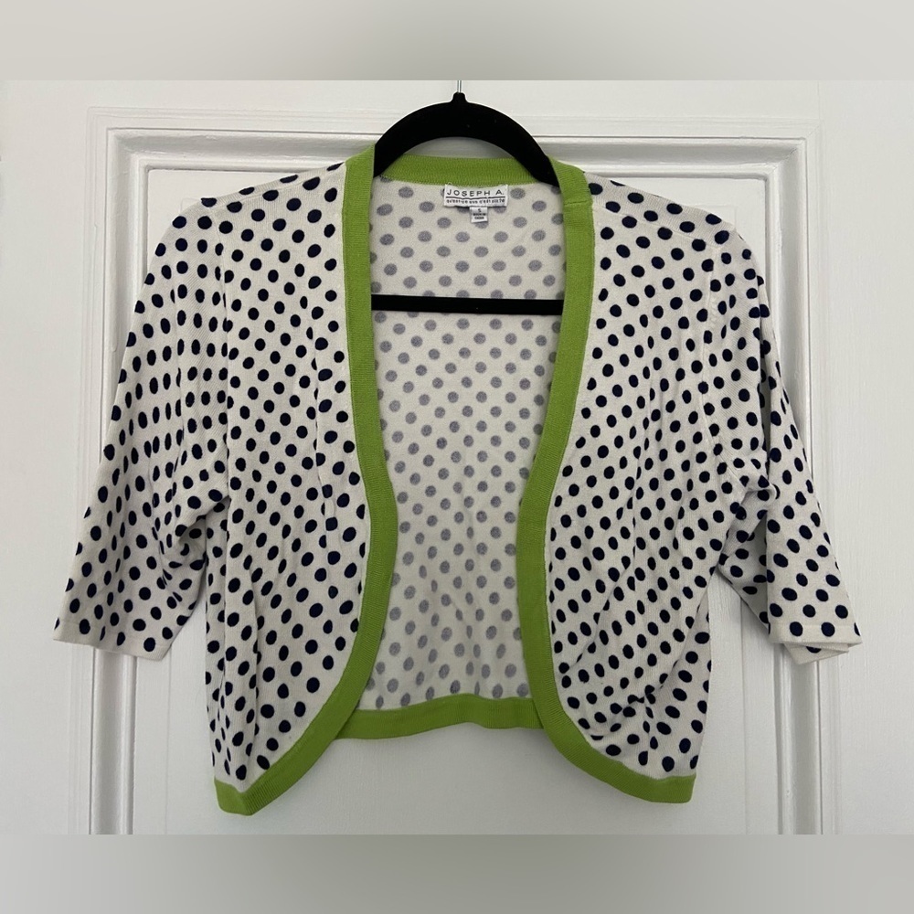 Joseph A. White Navy Polka Dot Short Sleeve Cardigan Green Trim Small Soft Knit